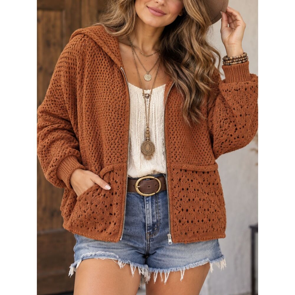 BKE Large Rust Brown Crochet Open Knit Hooded Zip Cardigan Boho Sweater Jacket